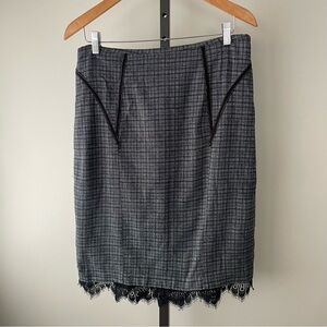 Vintage Le Chateau Pleated Check Lace Trim Skirt Grey Size 12 Larfe